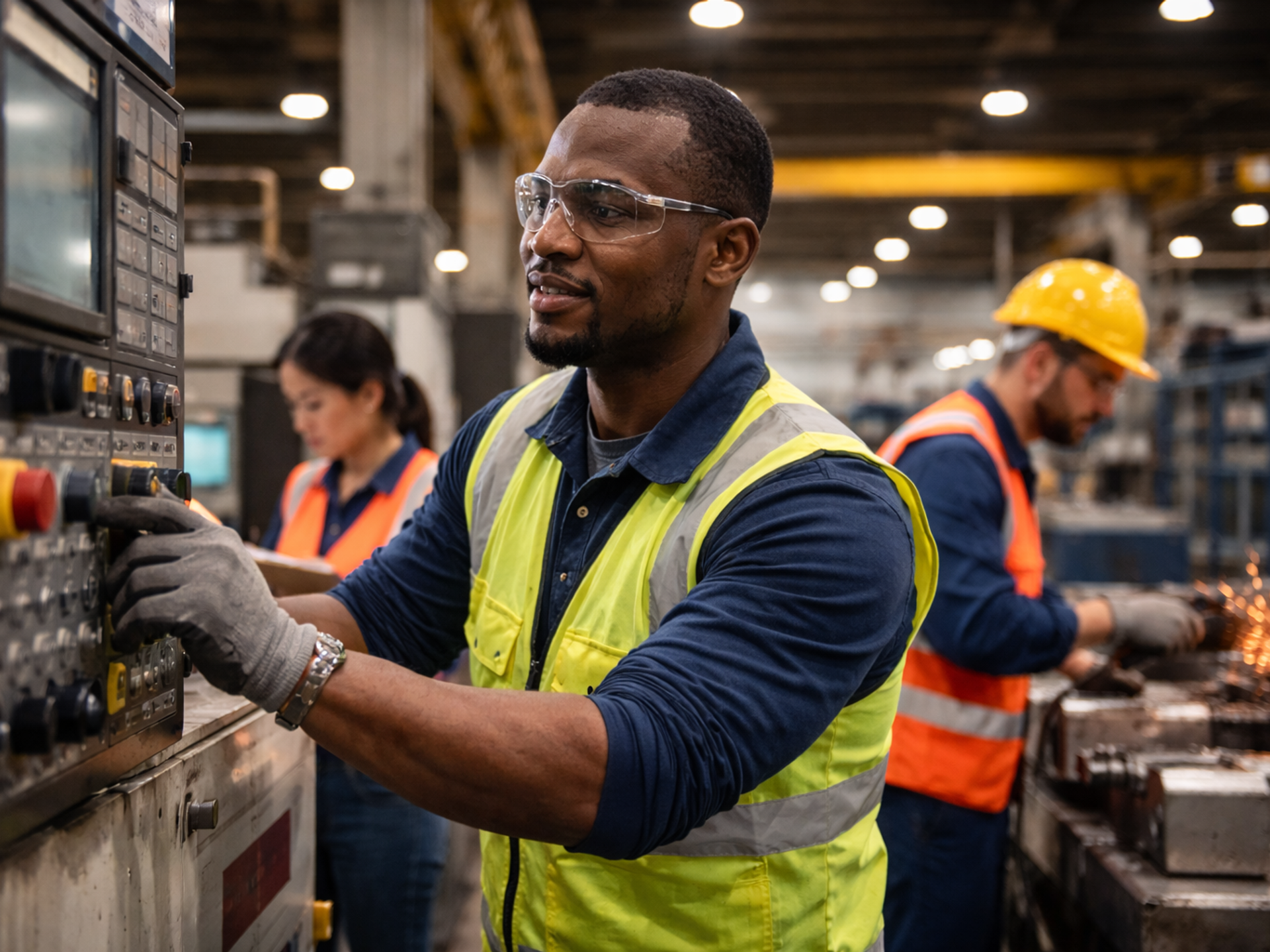 A Black man in safety glasses and a yellow vest operates a machine control panel in a factory, with other workers visible.