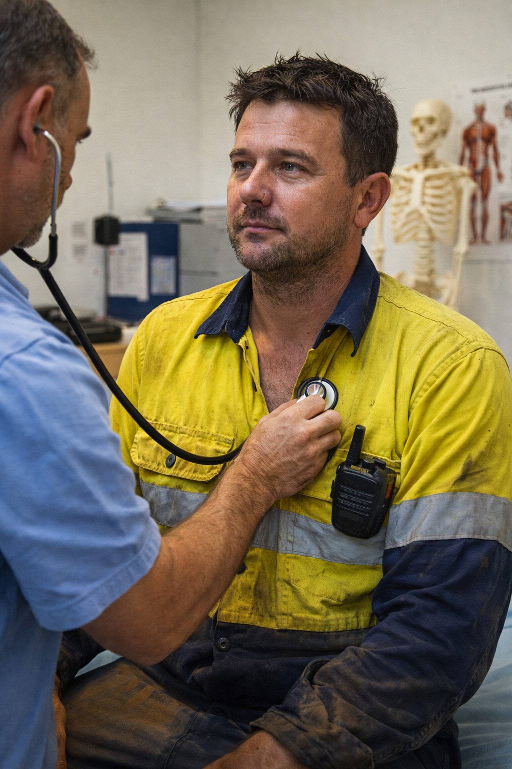 A medical professional examines a man in a dirty yellow and blue work uniform with a stethoscope.