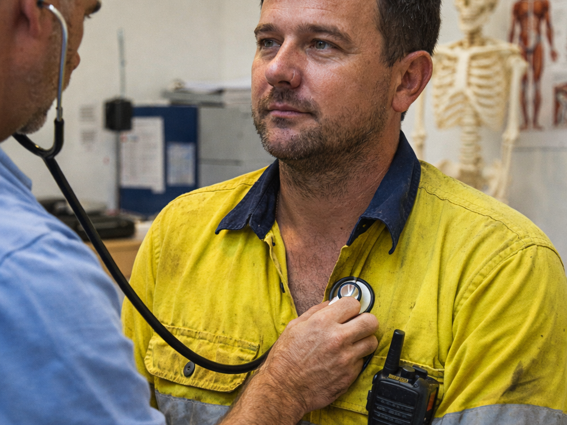 A medical professional examines a man in a dirty yellow and blue work uniform with a stethoscope.