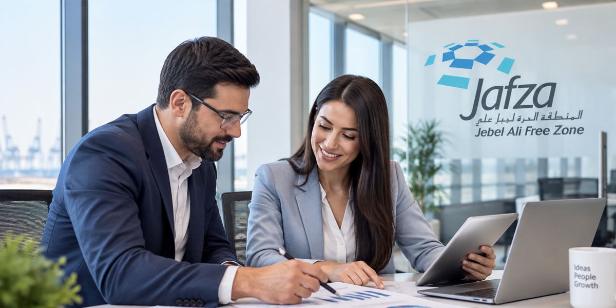 Illustration of professionals reviewing financial documents in a JAFZA-themed office