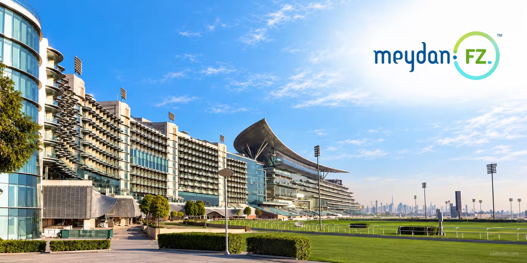 Meydan grandstand and racecourse with the Dubai skyline in the background
