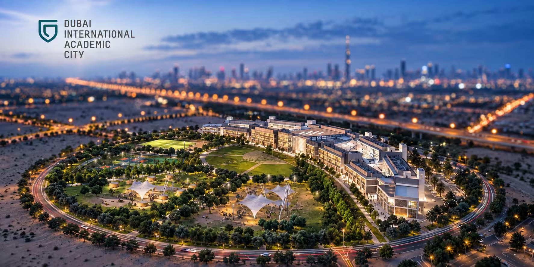 Campus buildings at dusk in a Dubai International Academic City themed image