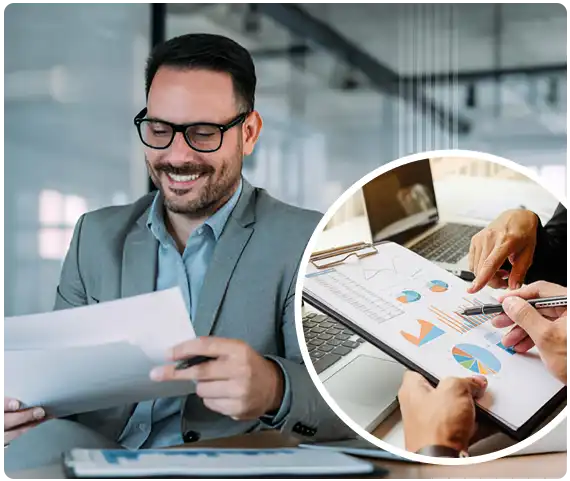 Illustration of a professional reviewing documents and financial charts