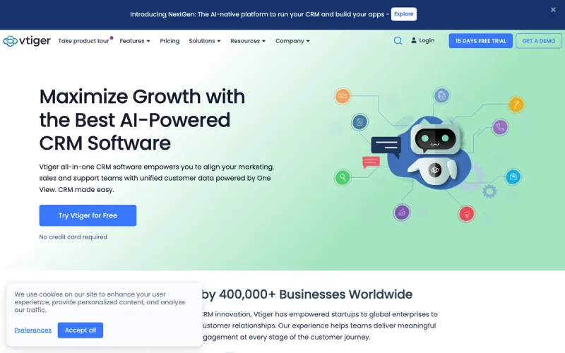 Vtiger homepage screenshot