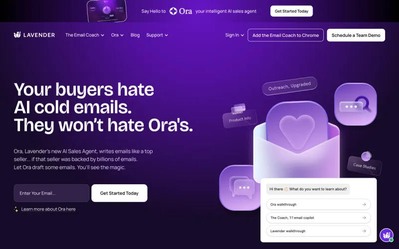 Lavender.ai homepage showing real-time email coaching for SDRs