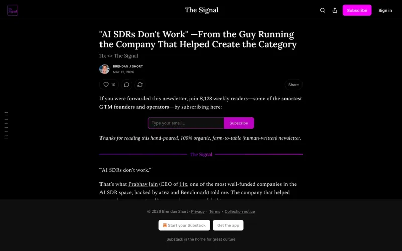 The Signal newsletter headline: "AI SDRs Don't Work, From the Guy Running the Company That Helped Create the Category"