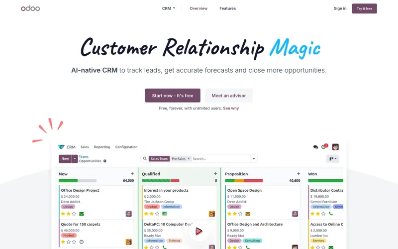 Odoo CRM homepage screenshot