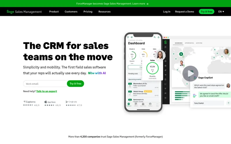 ForceManager homepage screenshot