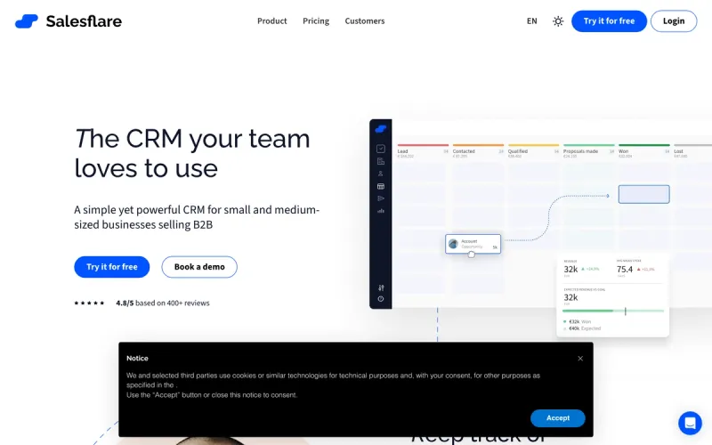 Salesflare homepage screenshot
