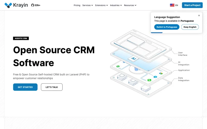 Krayin CRM homepage screenshot