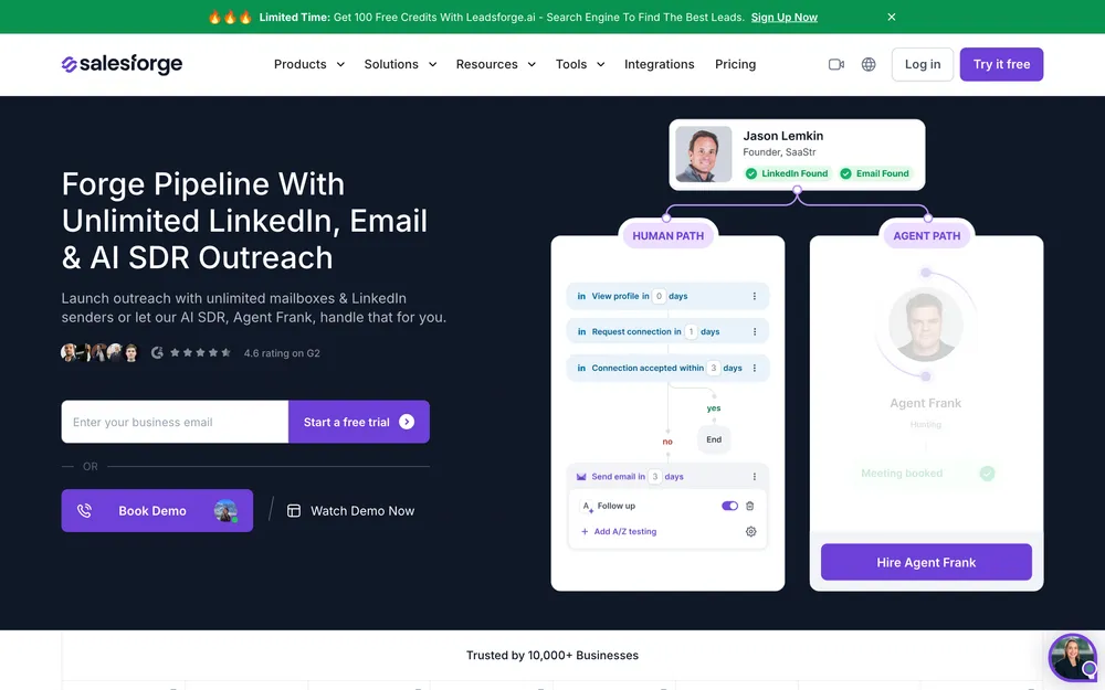 Salesforge homepage: sales platform with AI orchestration.