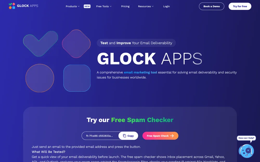 GlockApps homepage: free spam checker plus paid inbox-placement testing across 80+ mailbox providers (verified May 2026).
