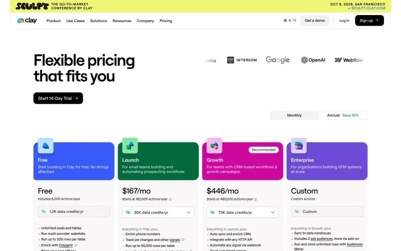 Clay pricing: Free, Launch $185/mo (2,500 Data Credits + 15,000 Actions), Growth $495/mo (6,000 Data Credits + 40,000 Actions), Enterprise custom (verified May 2026).