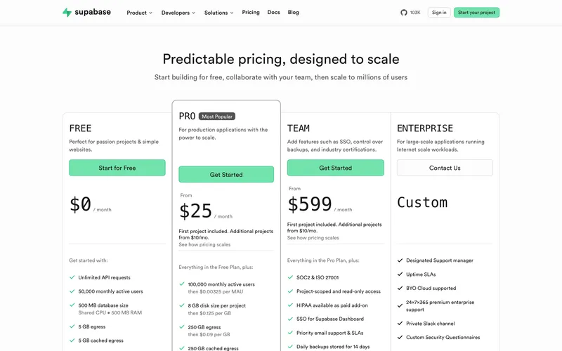 Supabase pricing page