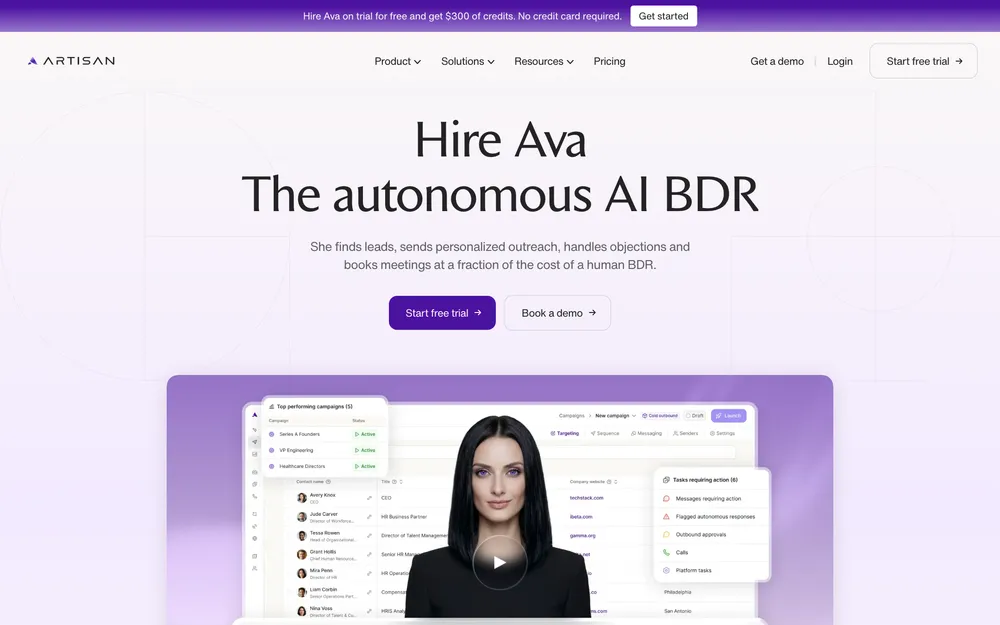 Artisan AI homepage: Ava the AI SDR product.