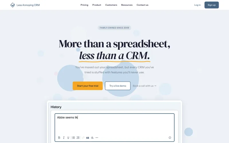 Less Annoying CRM homepage screenshot