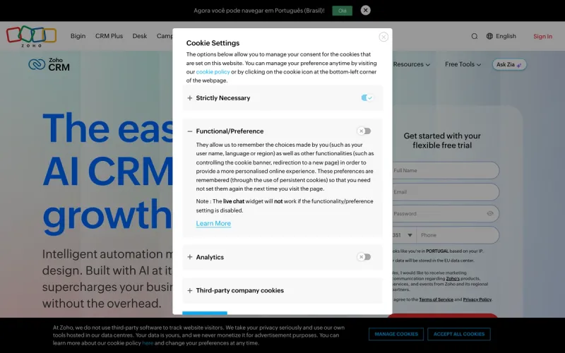 Zoho CRM homepage screenshot