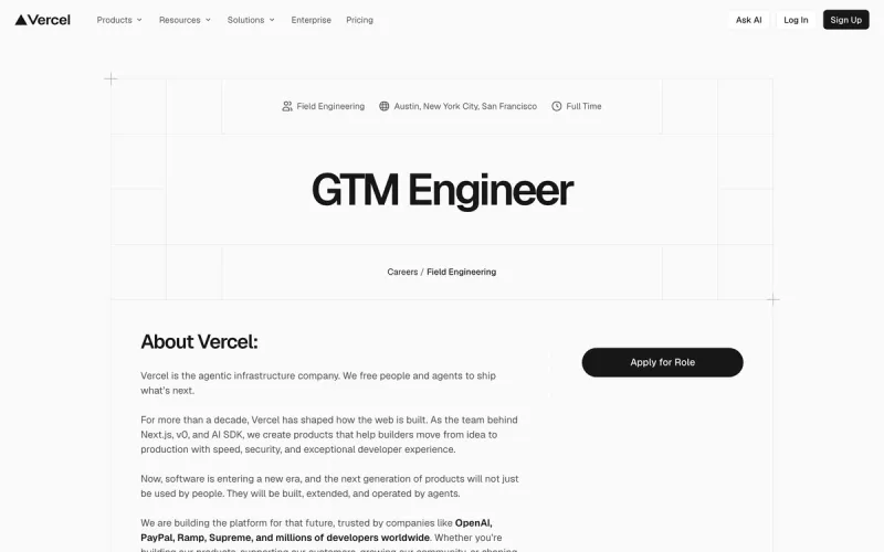 Vercel GTM Engineer job listing