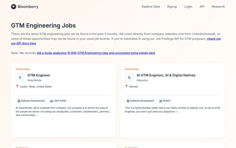 Bloomberry GTM jobs board showing live postings