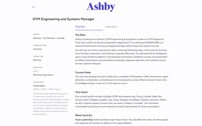 Ashby GTM Engineering & Systems Manager job page