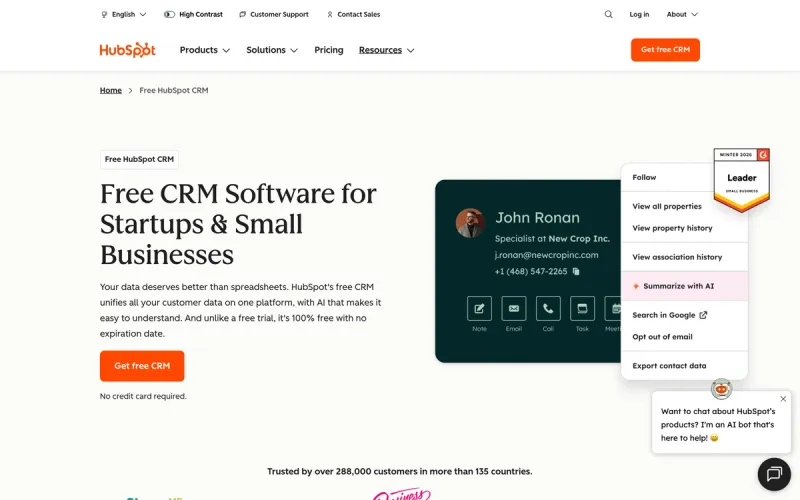 HubSpot Sales Hub homepage screenshot