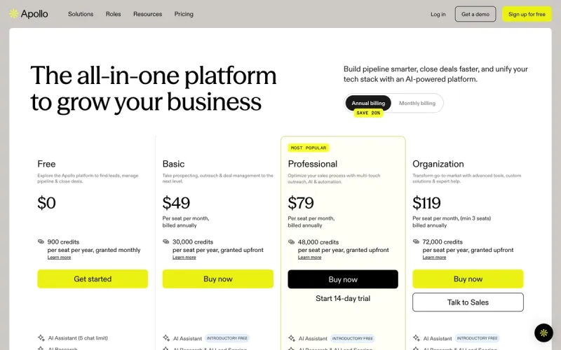 Apollo.io pricing: Free, Basic $49/user/mo, Professional $79/user/mo, Organization $119/user/mo (annual billing; monthly +15-25%) (verified May 2026).