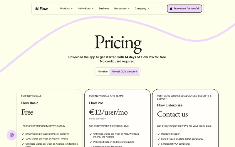 Wispr Flow pricing page