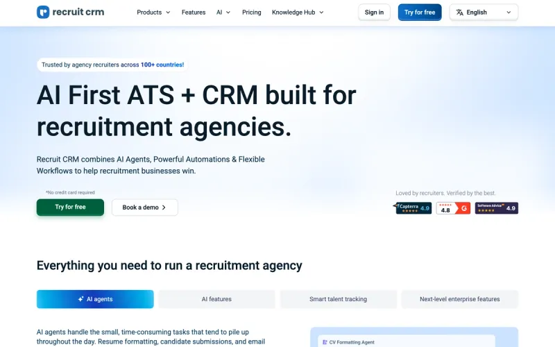 Recruit CRM homepage screenshot