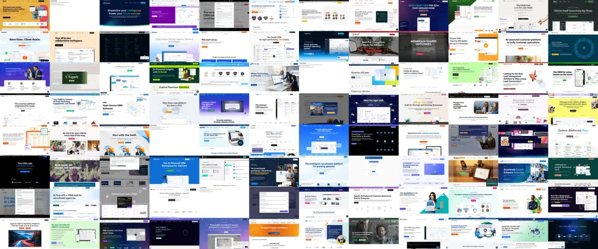 Collage of 96 CRM homepage screenshots, the full landscape covered in this article