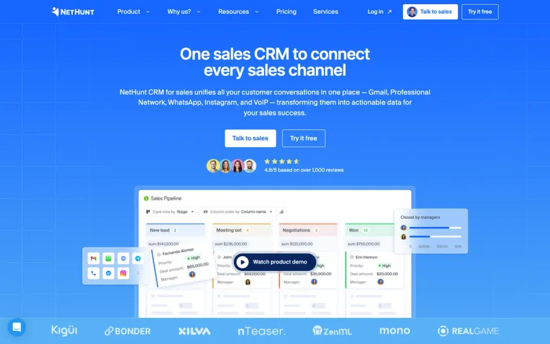 NetHunt CRM homepage screenshot