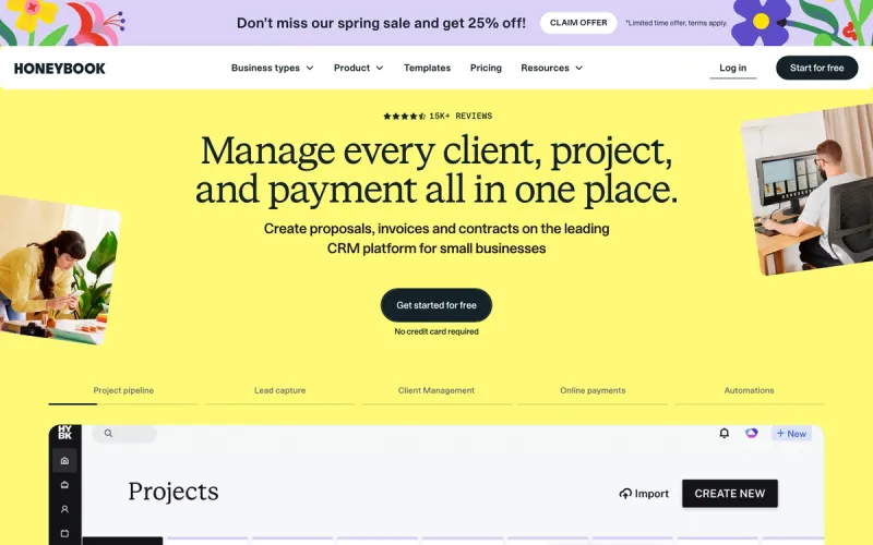 HoneyBook homepage screenshot
