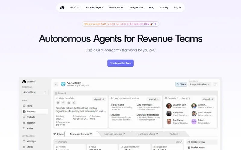 Aomni homepage with named CEO endorsements for AI account research