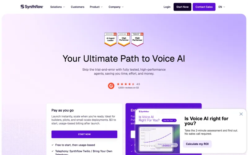 Synthflow pricing: pay-as-you-go, $0.09/min voice engine + ~€0.19/min outbound (verified May 2026).