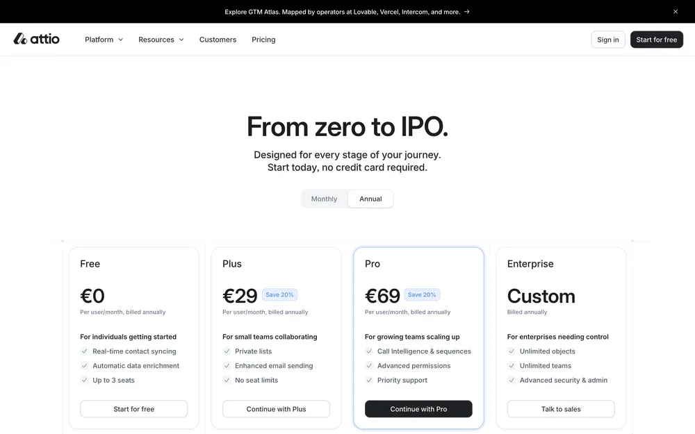 Attio pricing page: Free, Plus, Pro, Enterprise tiers (verified May 2026).