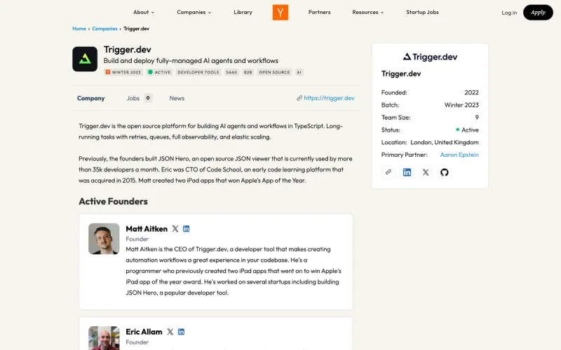 Trigger.dev Y Combinator page