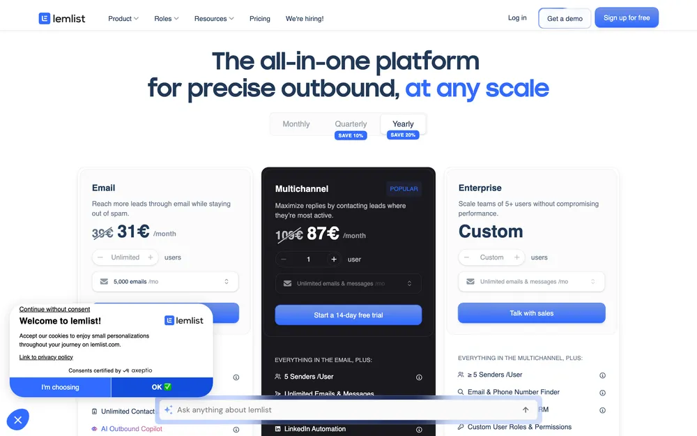 Lemlist pricing page: Email Starter, Email Pro, Multichannel Expert, Enterprise (verified May 2026).