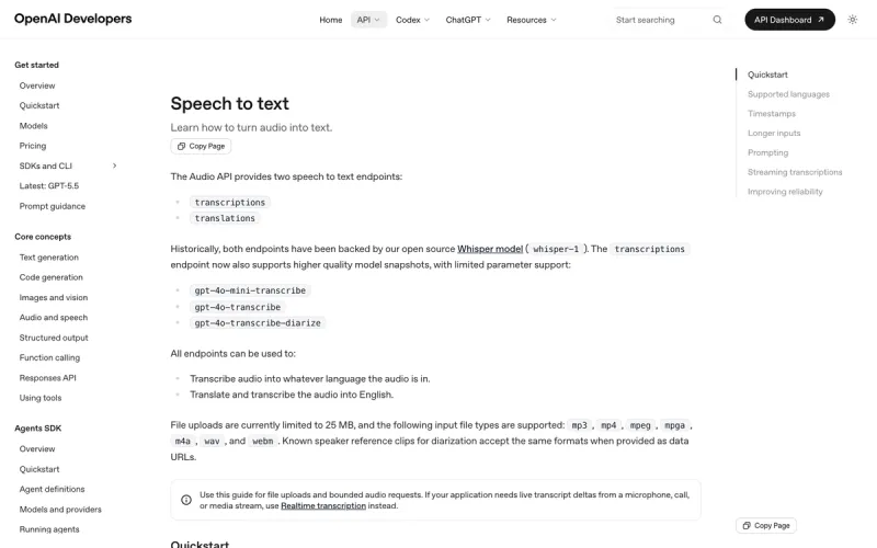OpenAI Whisper API docs