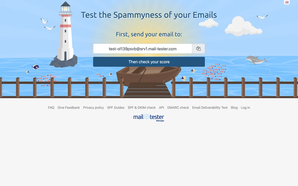 Mail-tester.com homepage: send a test email to the generated address and get a 0-10 spam score with diagnostic breakdown (verified May 2026).
