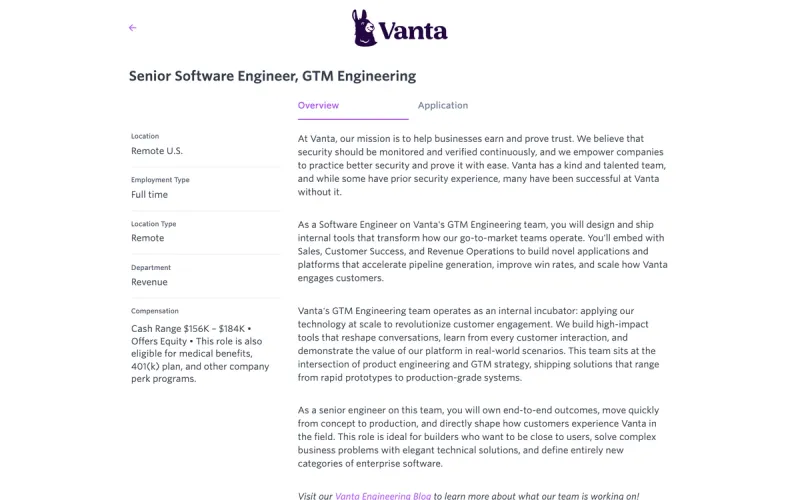 Vanta Senior SWE, GTM Engineering job page
