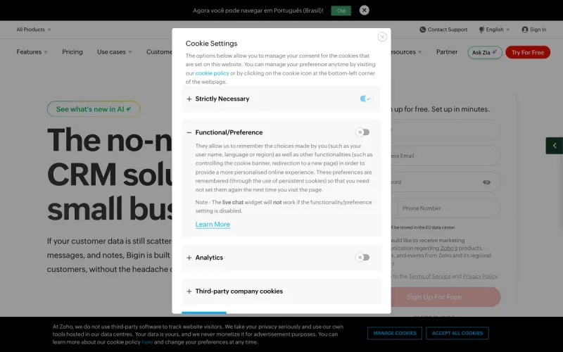 Bigin by Zoho homepage screenshot