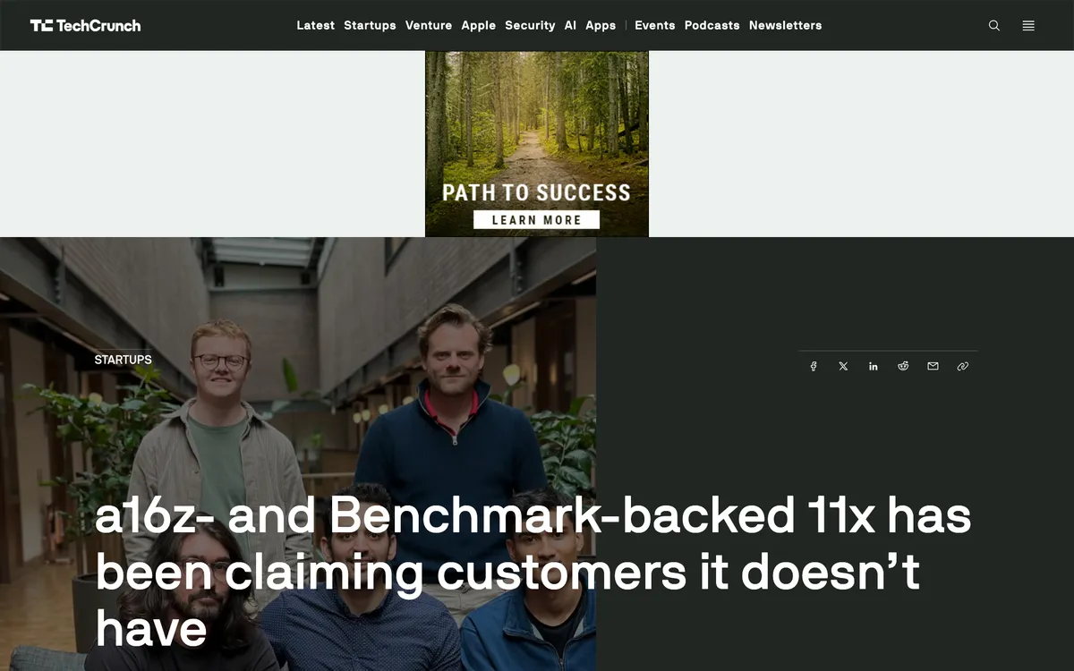 TechCrunch headline: a16z- and Benchmark-backed 11x has been claiming customers it does not have