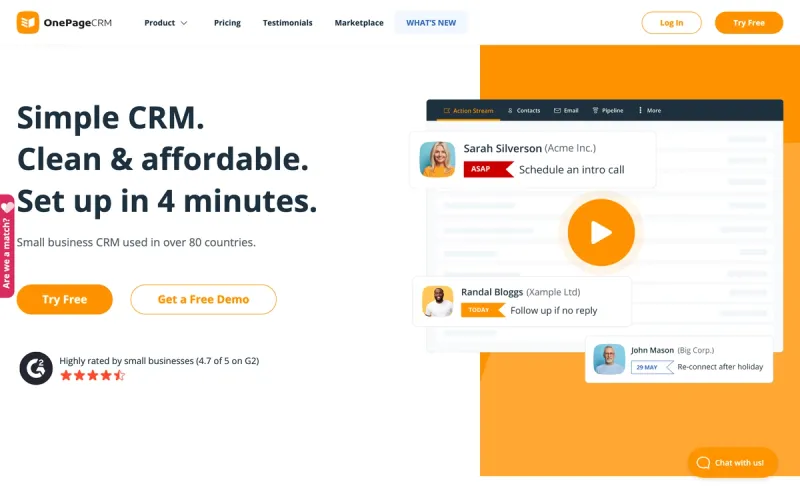 OnePageCRM homepage screenshot