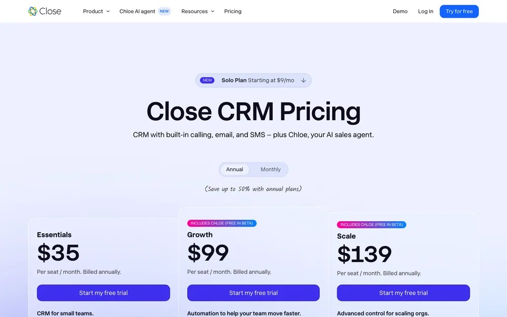 Close CRM pricing: Solo $19, Essentials $35, Growth $99, Scale $139 per seat/mo billed annually (verified May 2026).