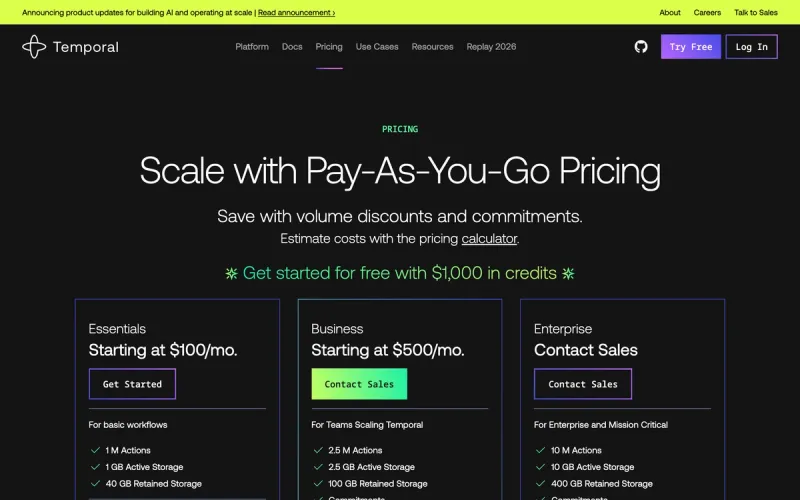Temporal Cloud pricing page