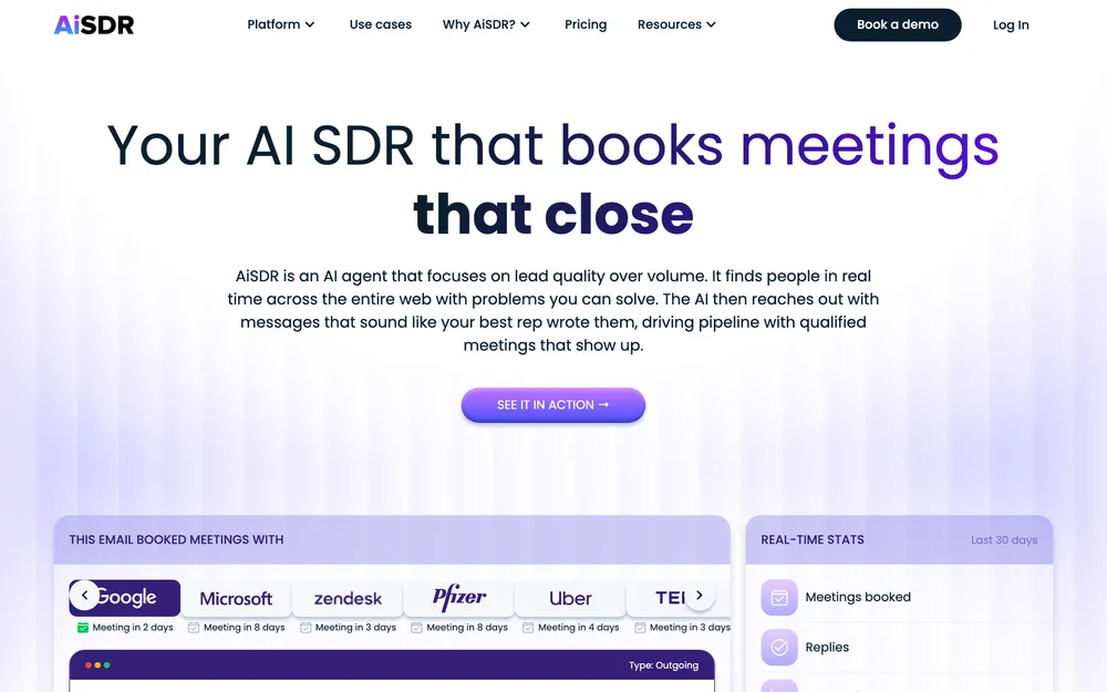 AiSDR homepage: full AI SDR platform.