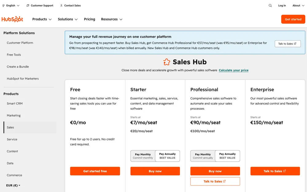 HubSpot pricing: Free, Starter, Professional, Enterprise tiers (verified May 2026).