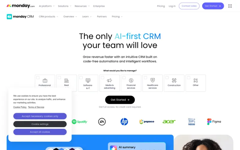Monday Sales CRM homepage screenshot