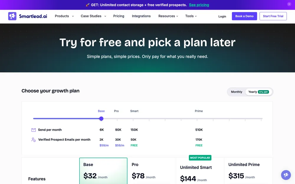 Smartlead pricing page: Base $32/mo, Pro $78/mo, Smart $144/mo, Prime $315/mo (verified May 2026).