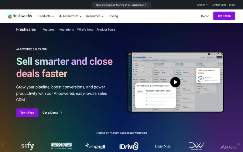 Freshsales (Freshworks) homepage screenshot