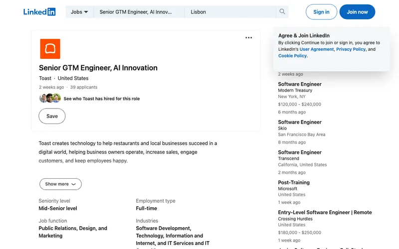 Toast Senior GTM Engineer AI Innovation job page